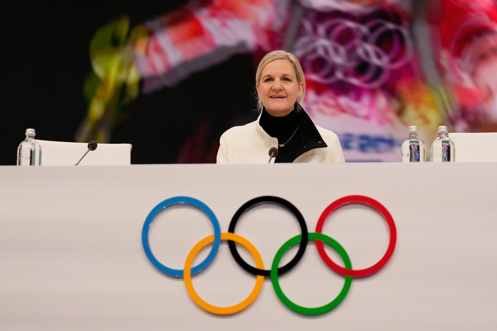 IOC President Kirsty Coventry attends the opening of the IOC Session, ahead of the 2026 Winter Olympics, in Milan, Italy, Tuesday, Feb. 3, 2026. (AP Photo/Luca Bruno)