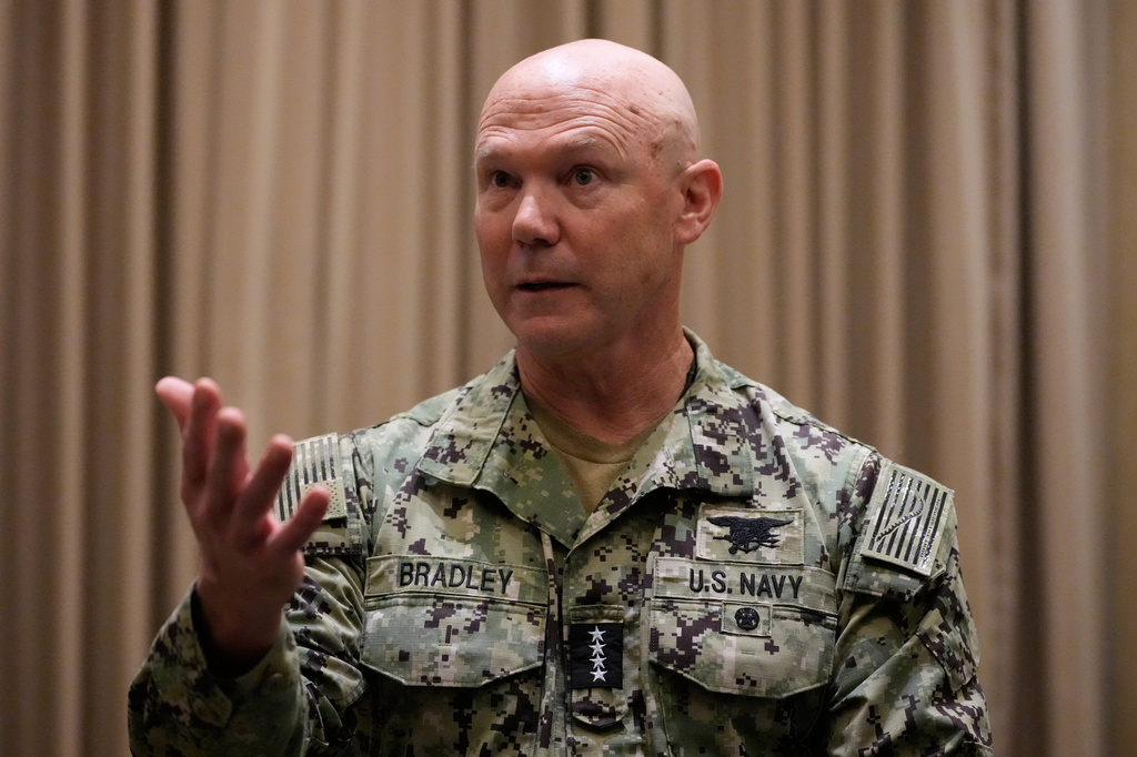 United States Navy Admiral Frank Bradley, commander U.S. Special Operation Command, gestures during an interview with the Associated Press Thursday, Aug. 13, 2026, in Makati city Metro Manila, Philippines. (AP Photo/Aaron Favila)