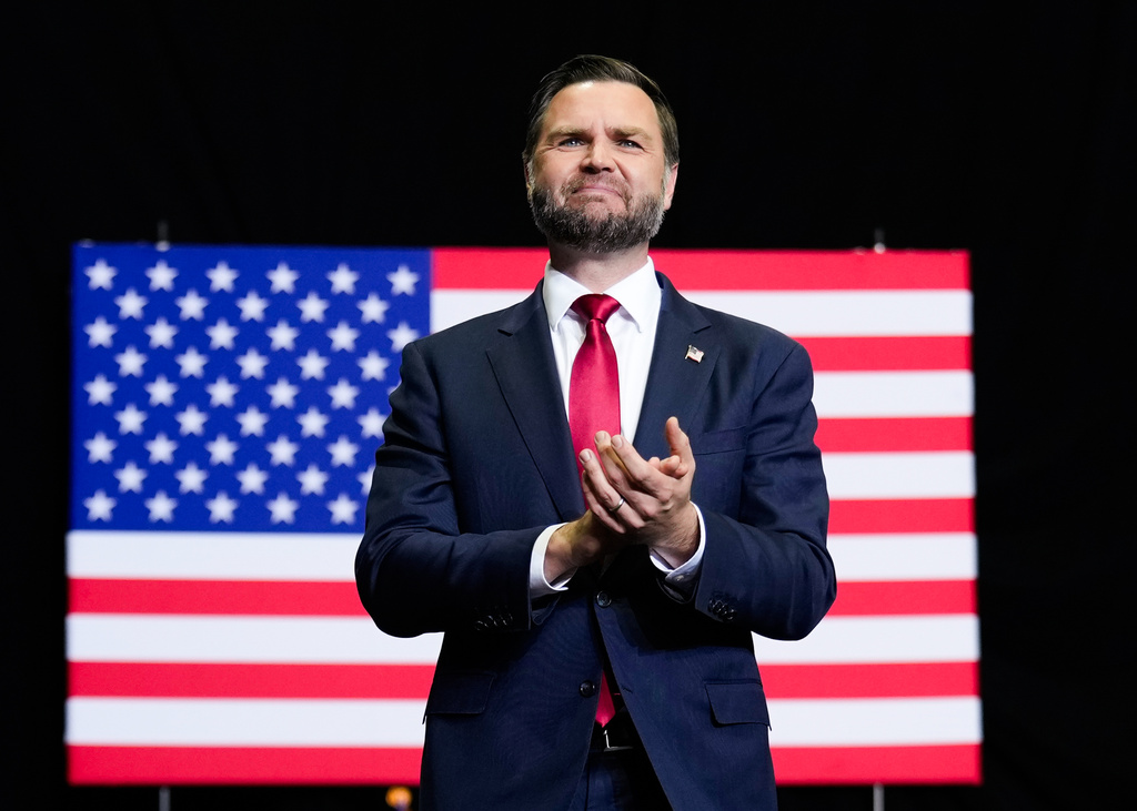 Vice President JD Vance speaks at a midterm campaign rally at the LevelUp Training Complex in Monroe, Mich., Thursday, Oct. 15, 2026. (Daniel Heuer/Pool Photo via AP)
