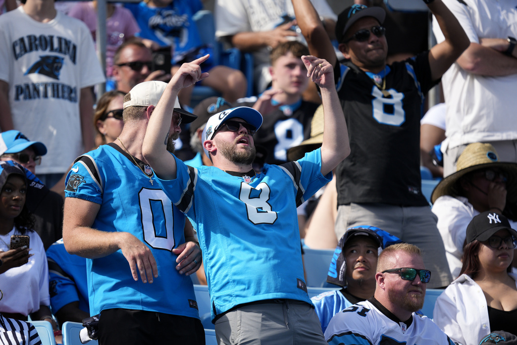 Fans cheer during the second half of an NFL football game between the Carolina Panthers and the Atlanta Falcons, Sunday, Sept. 21, 2025, in Charlotte, N.C. (AP Photo/Jacob Kupferman)