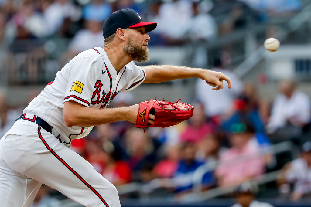 Atlanta Braves pitcher Chris Sale delivers to a Los Angeles Dodgers batter during the first inning of a baseball game, Thursday, Aug. 27, 2026, in Atlanta. (AP Photo/Erik S. Lesser)