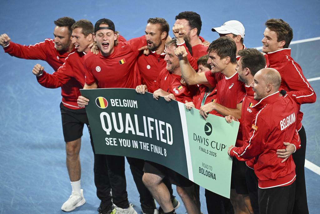 Belgium celebrates after Australia to take the Davis Cup qualifying second round match at Ken Rosewall Arena in Sydney, Sunday, Sept. 14, 2025. (Dean Lewins/AAP Image via AP)